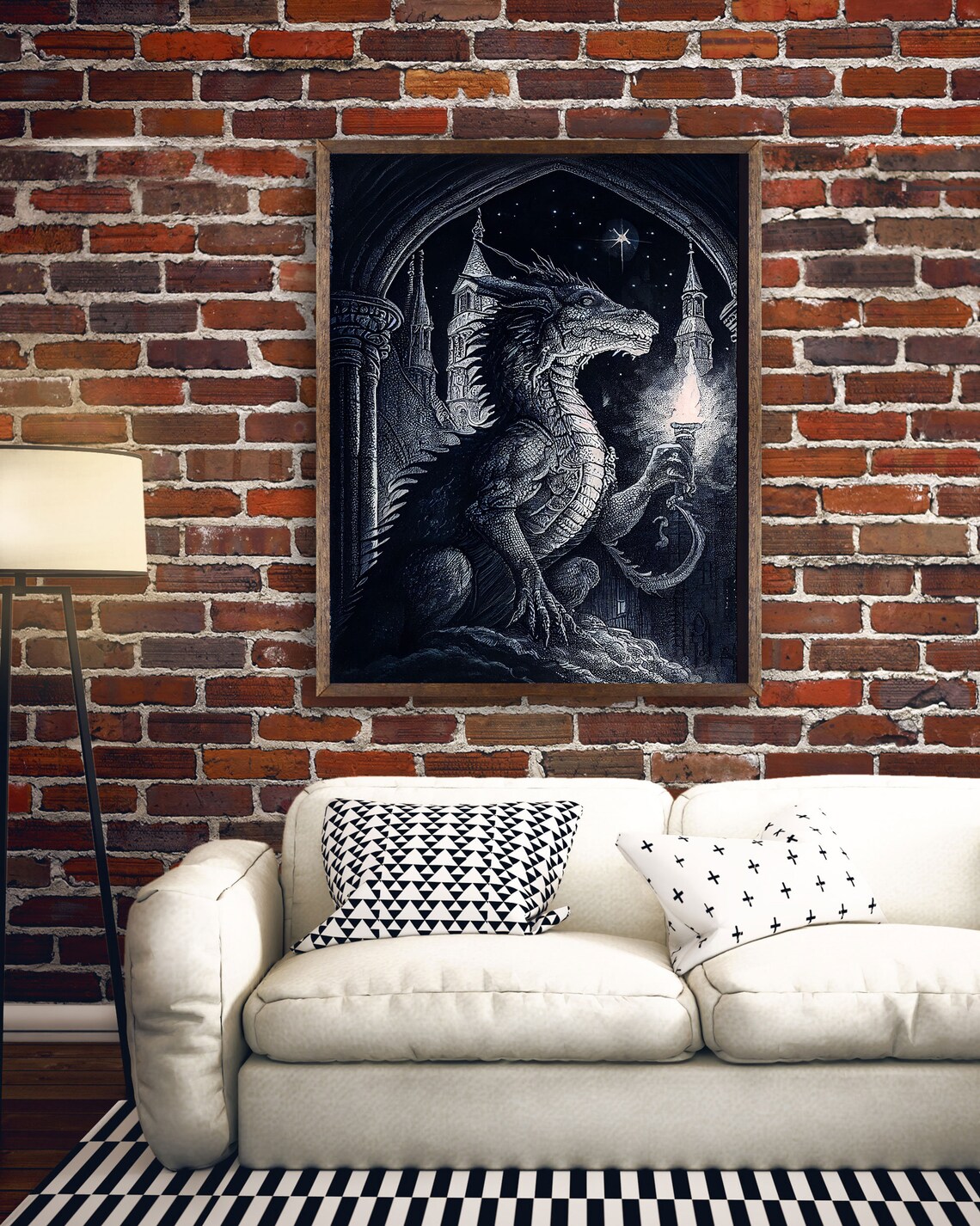 Dragon Holding A Torch, Black And White Poster Art - Image 3