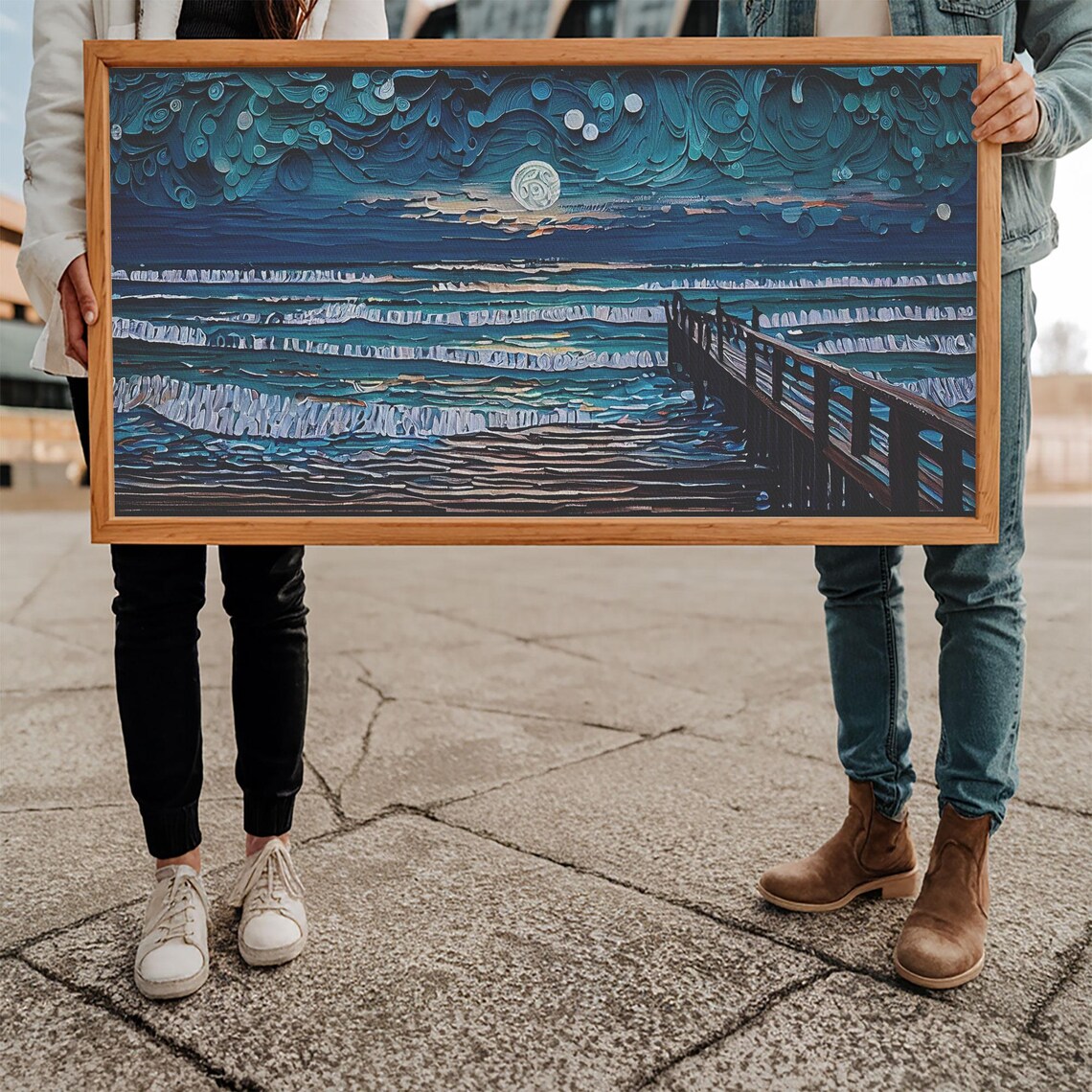 Full Moon Ocean Waves Wooden Pier Starry Night Impasto Seascape Poster - Image 5