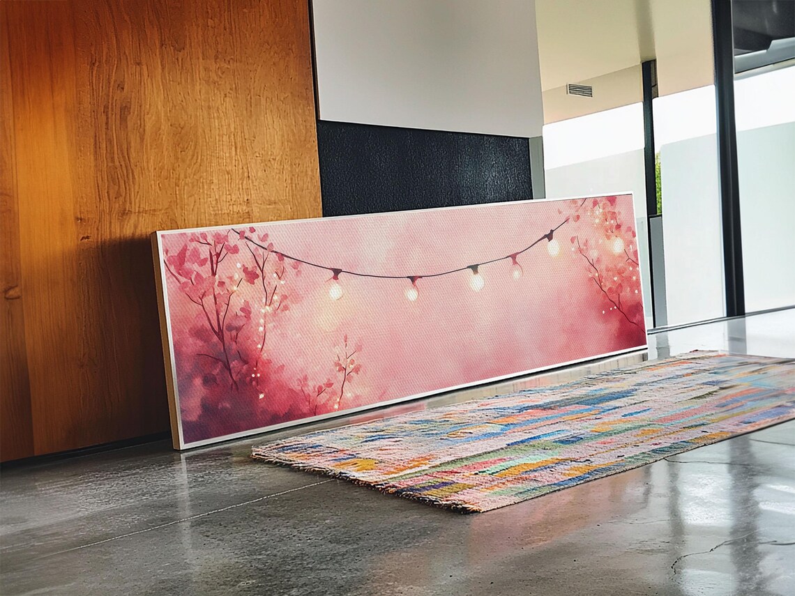Blush Pink Fairy Lights String Watercolor Cozy Horizontal Wall Art Poster - Image 3