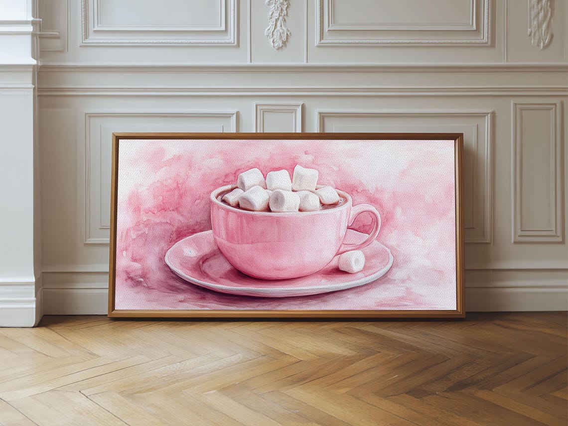 Pink Hot Chocolate Cup With Marshmallows Cozy Watercolor Art Print - Image 5