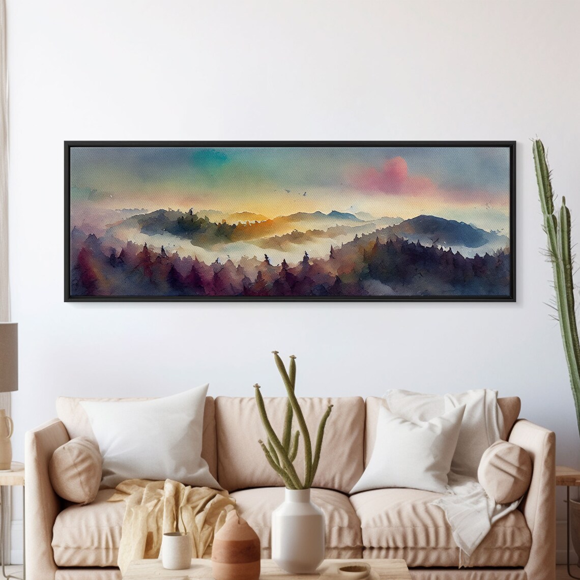 Watercolor Sunset Landscape Art Print, Emerald Green