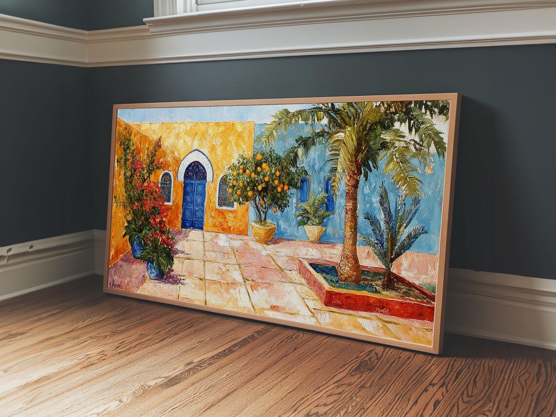 Colorful Mexican Courtyard Painting Blue Door Orange Blossoms Wall Art Print - Image 3