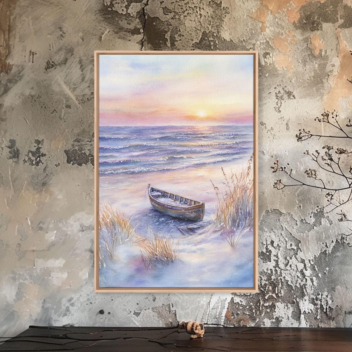 Abandoned Rowboat On Beach At Sunset Pastel Waves Coastal Poster