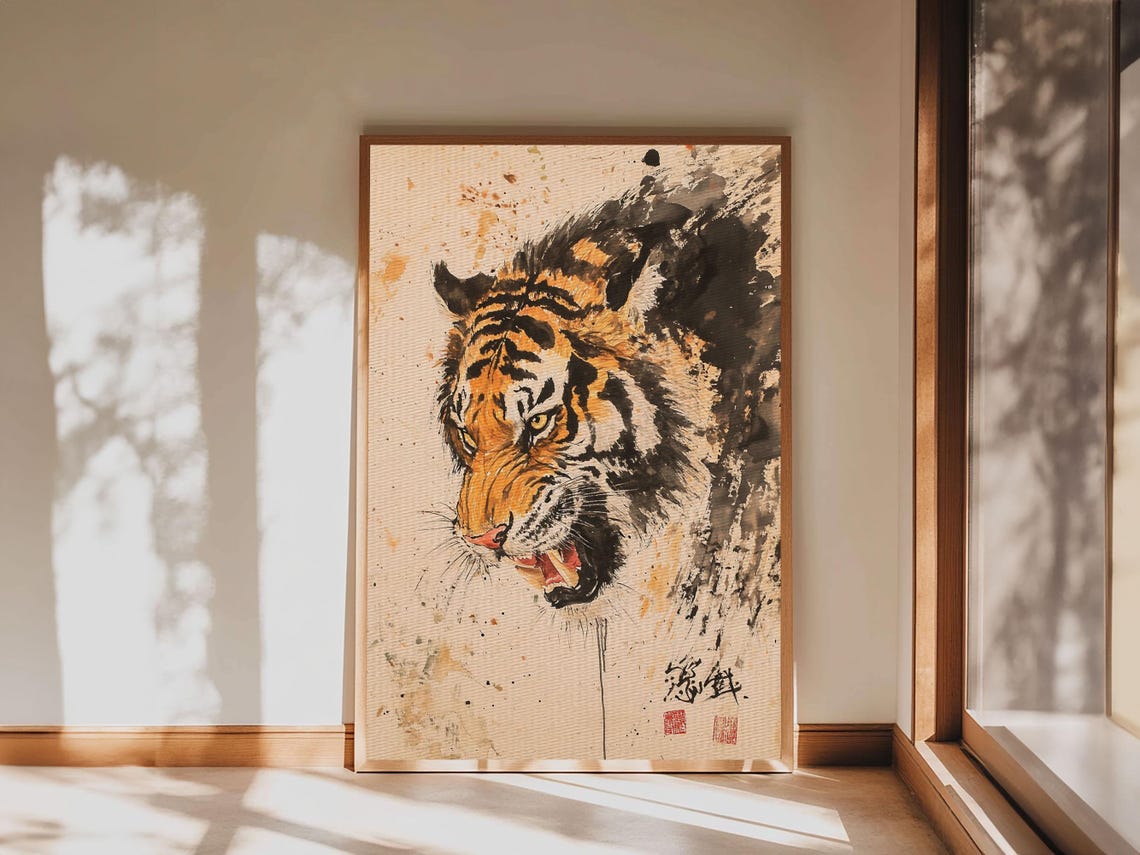 Japanese Style Tiger Painting Print Tiger Roar Wabi Sabi Style Art Animal Prints Tiger Painting Tiger Oil Painting Print - Image 6