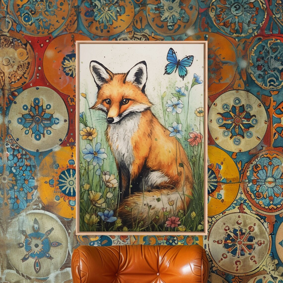 Red Fox Among Wildflowers Watercolor Butterfly Woodland Art Poster - Image 3