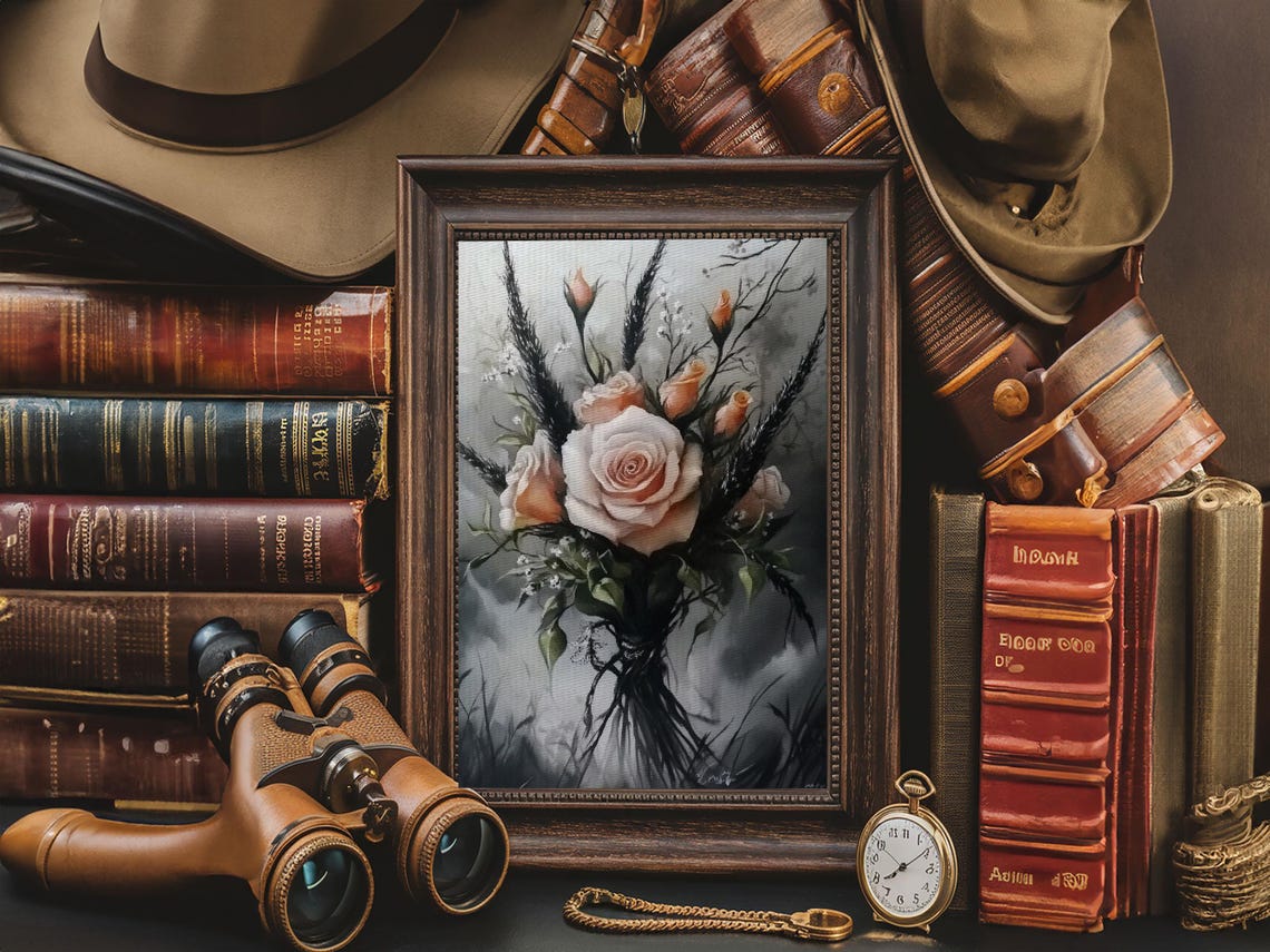 Moody Dark Cottagecore Bouquet Pale Roses Dramatic Floral Wall Art - Image 3