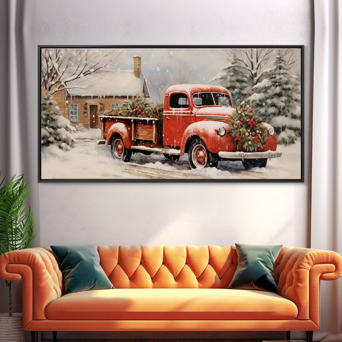 Vintage Red Pickup Truck Christmas Tree Snowy Farm Scene Poster