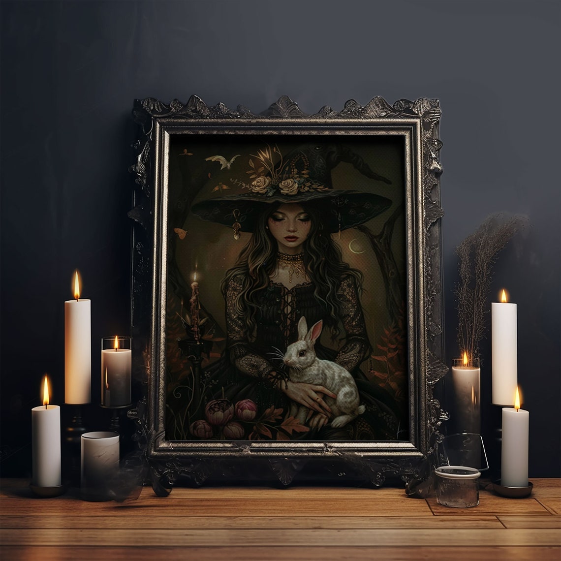 Beautiful Witch With White Rabbit Candles Enchanted Forest Art Poster - Image 6