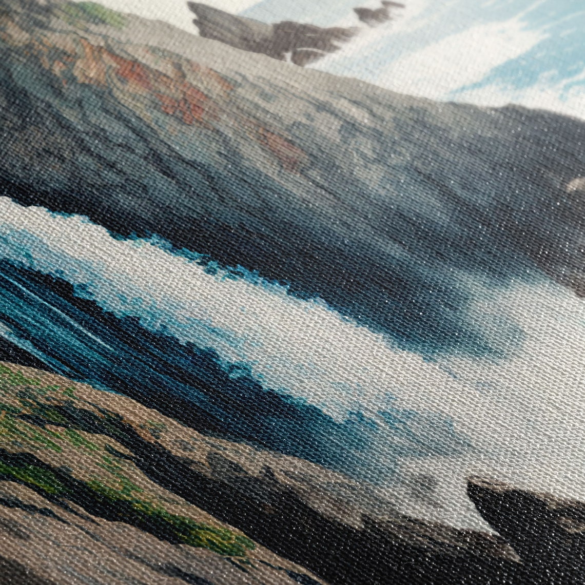 Panoramic Coastal Waterfall Rocky Cliff Ocean Waves Watercolor Poster - Image 2