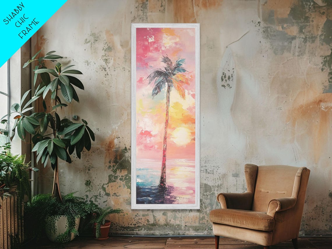 Palm Tree Sunset Ocean Vibrant Pink Impasto Coastal Wall Art - Image 4