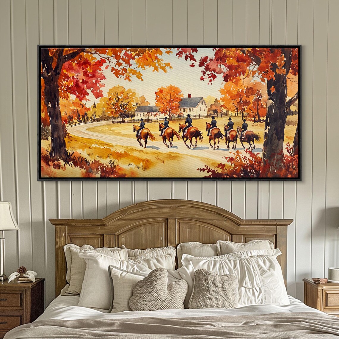 Equestrian Riders Heading To Autumn Farmhouse Watercolor Art Print
