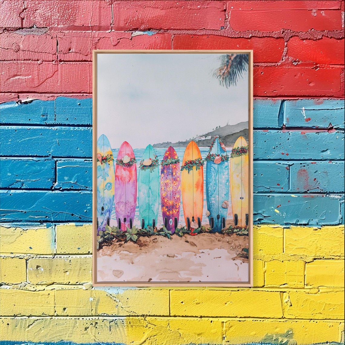 Colorful Surfboards Decorated For Christmas On Tropical Beach Poster