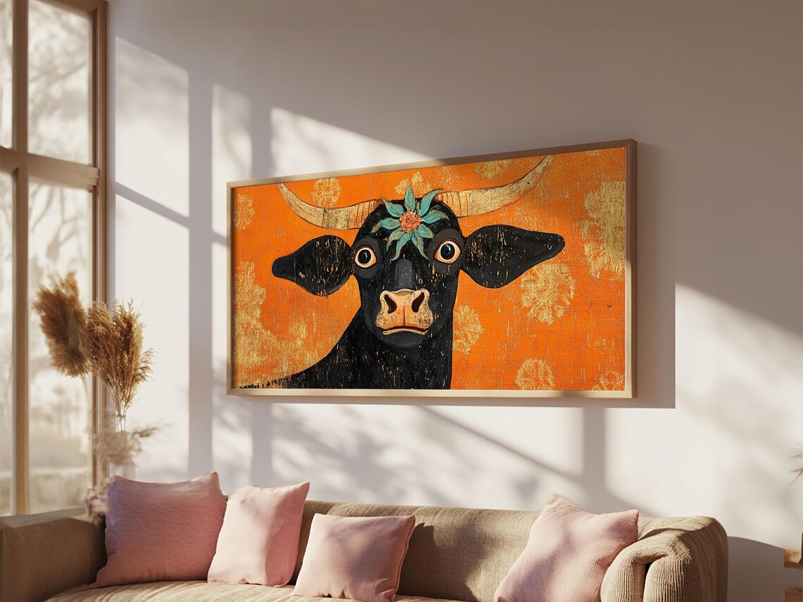 Funny Wide Eyed Black Cow Flower Crown Orange Folk Art Animal Poster