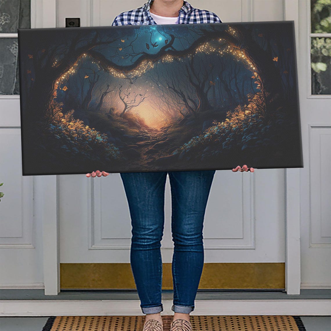 Moonlit Forest Glowing Firefly Tree Arches Misty Night Path Poster - Image 4