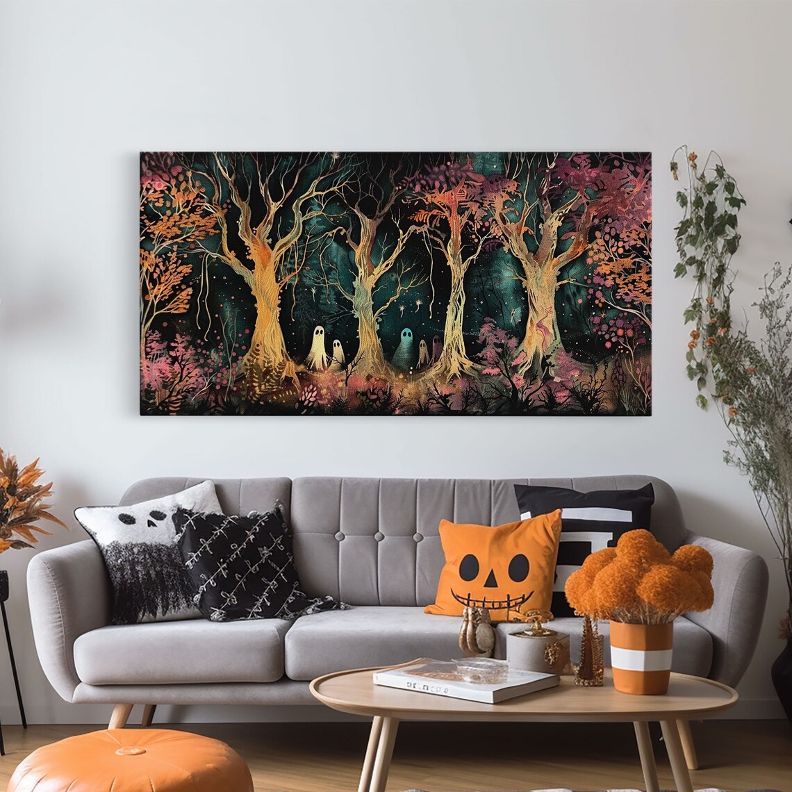 Spooky Ghosts Autumn Trees Glowing Night Forest Pink Foliage Halloween Print - Image 6