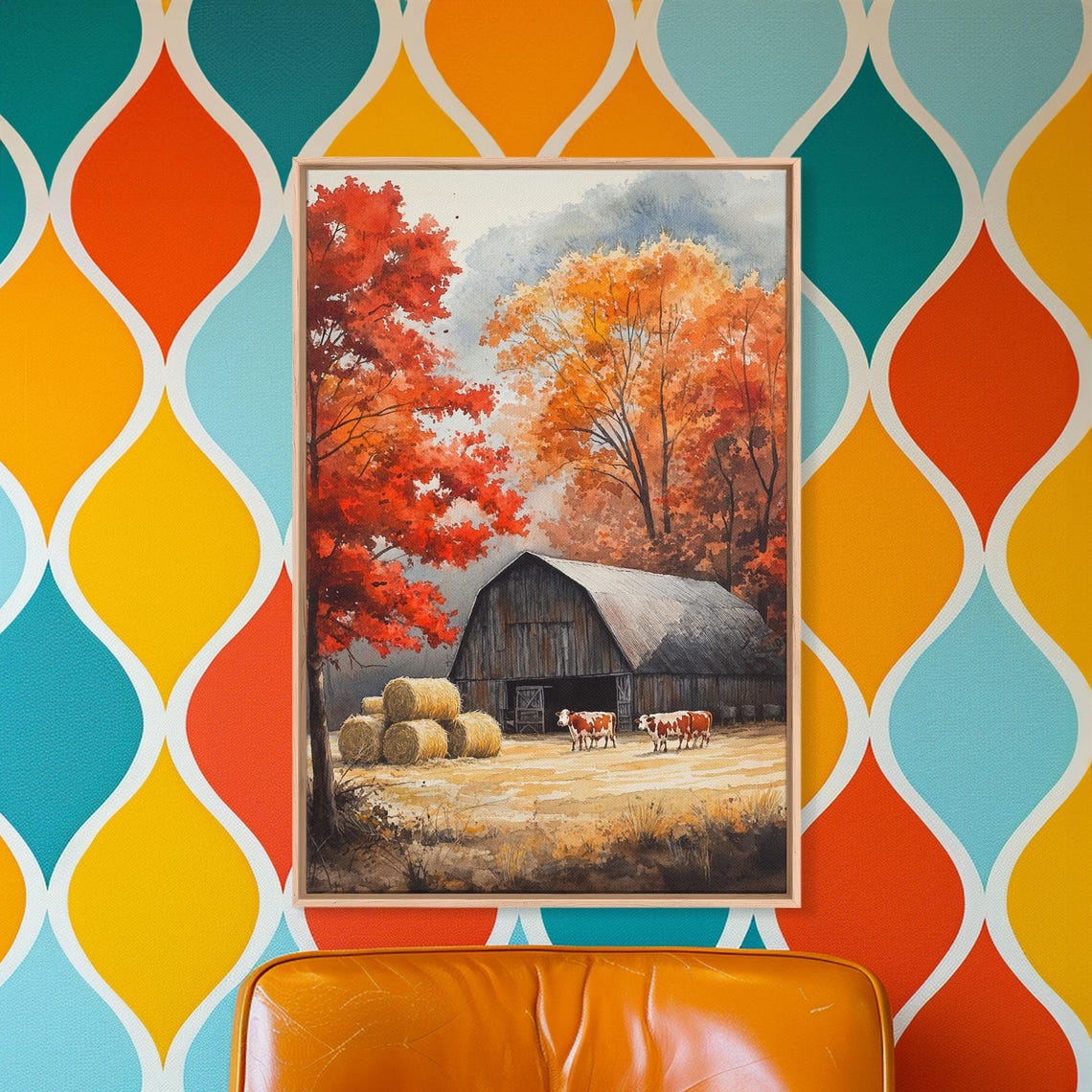 Rustic Barn With Hay Bales And Cows In Fiery Fall Foliage Poster