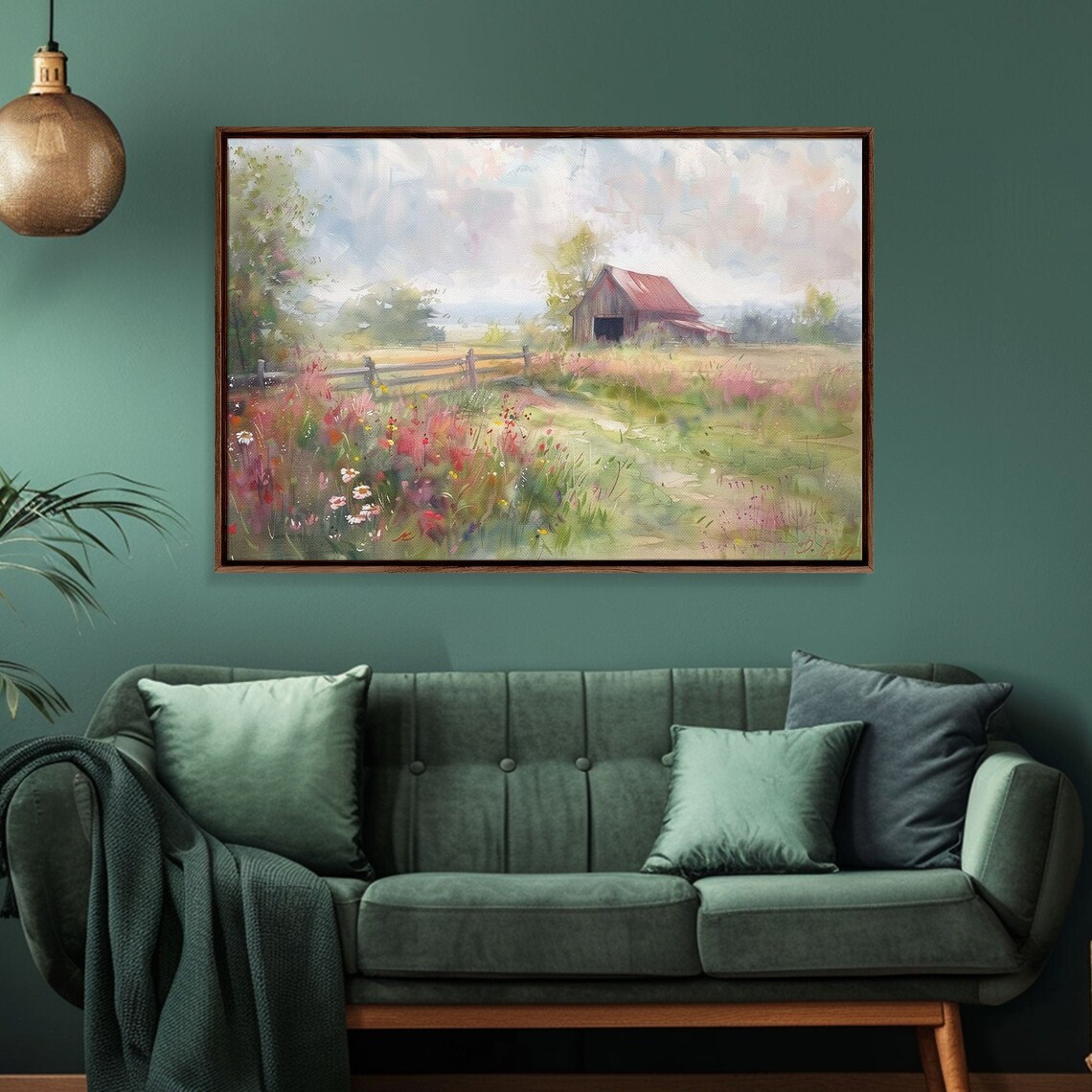 Watercolor Wildflower Meadow Red Barn Rustic Farmhouse Summer Poster