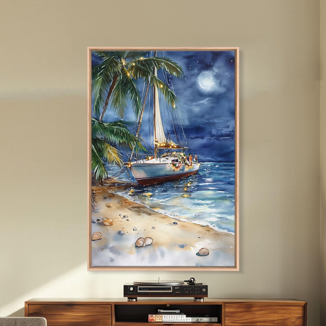 Sailboat On Tropical Beach At Night Moonlit Christmas Lights Poster