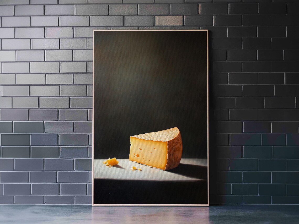 Golden Cheese Wedge Minimalist Still Life Dark Moody Kitchen Wall Art