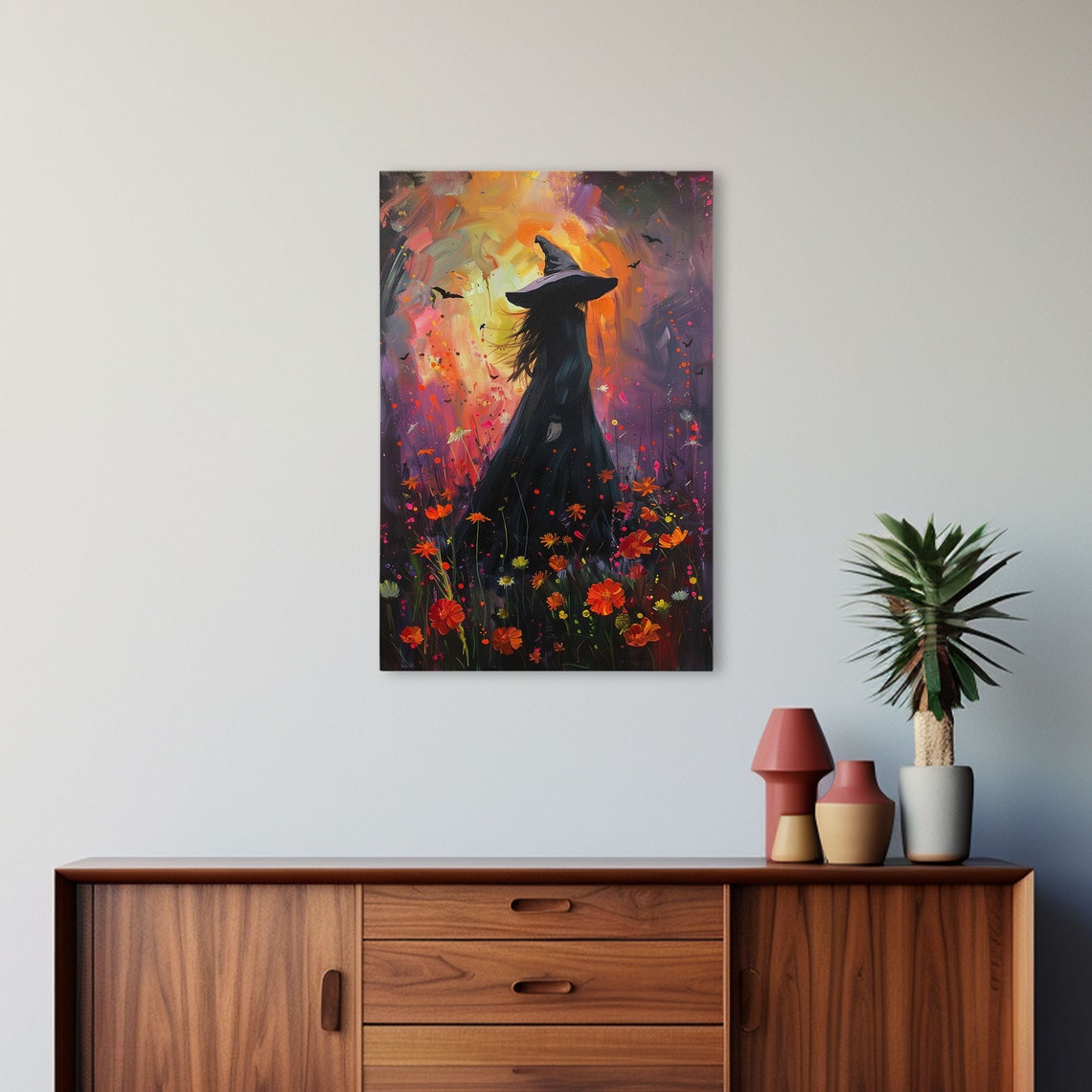 Witch Silhouette Sunset Wildflower Meadow Painterly Moody Art Poster - Image 5