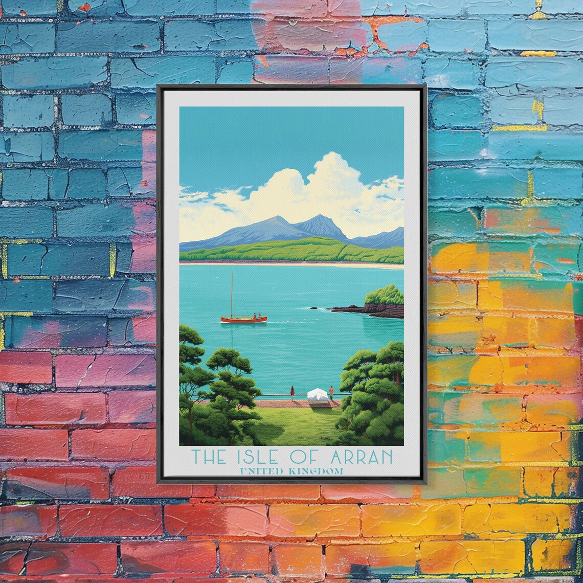 Isle Of Arran Scotland Sailboat Bay Mountain Backdrop Travel Poster