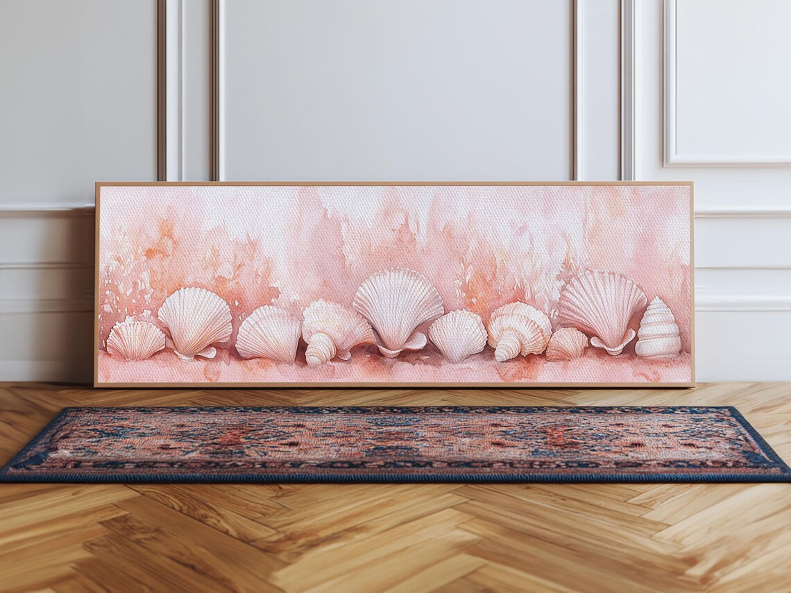 Blush Pink Seashells Row Watercolor Coastal Beach Panoramic Canvas Art Poster - Image 4