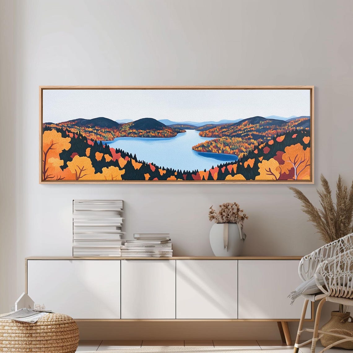 Fall In The Valley Framed Print Wood Framed Wall Art Panoramic Landscape Painting - Image 2