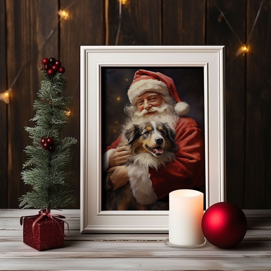 Santa Claus Hugging Australian Shepherd Puppy Christmas Poster - Image 4