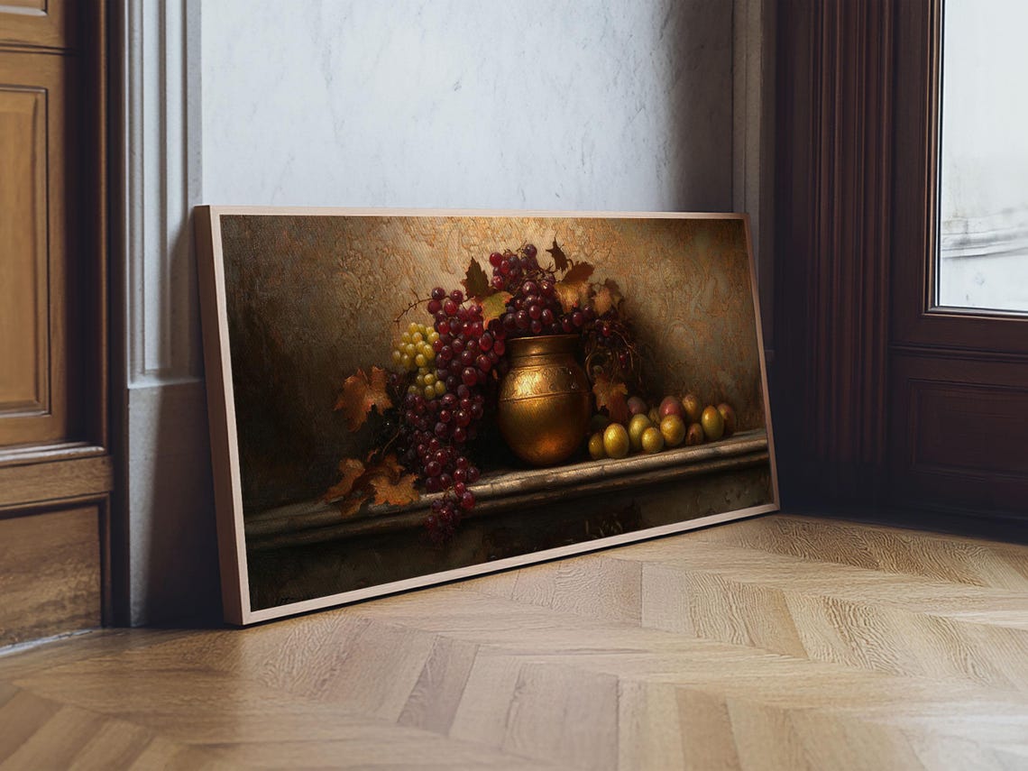 Victorian Still Life Grapes Brass Urn Dark Kitchen Art Poster - Image 3