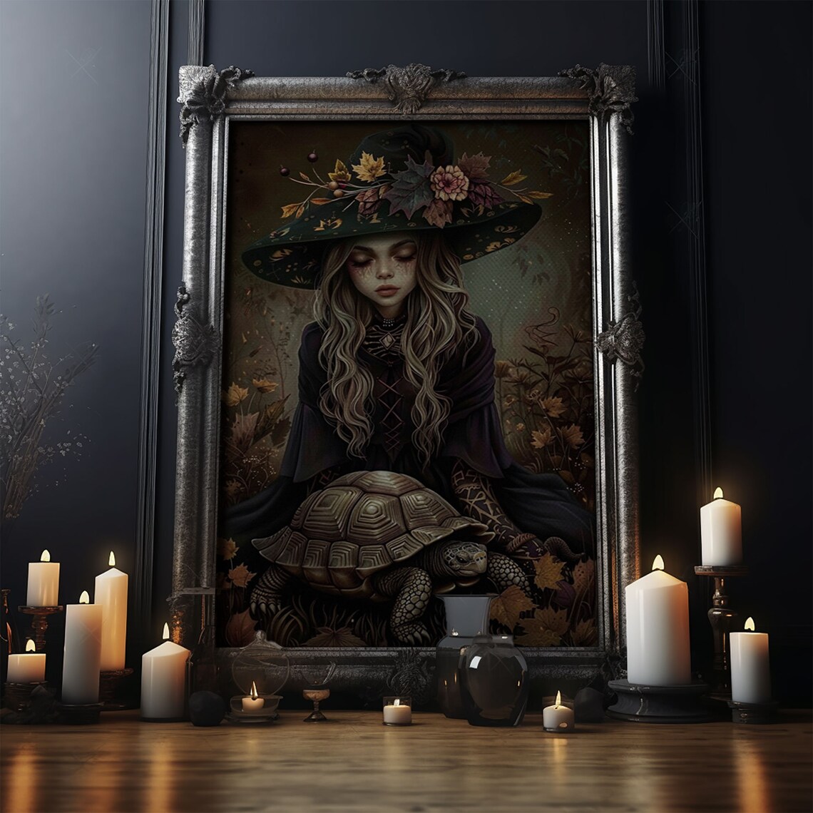 Enchanting Witch With Tortoise In Autumn Forest Fantasy Art Poster - Image 5