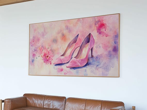 Pink Shoes Painting Framed Print Light Pink Wall Art Whimsical Decor Cottagecore Bedroom Art Rustic Gift Idea For Her