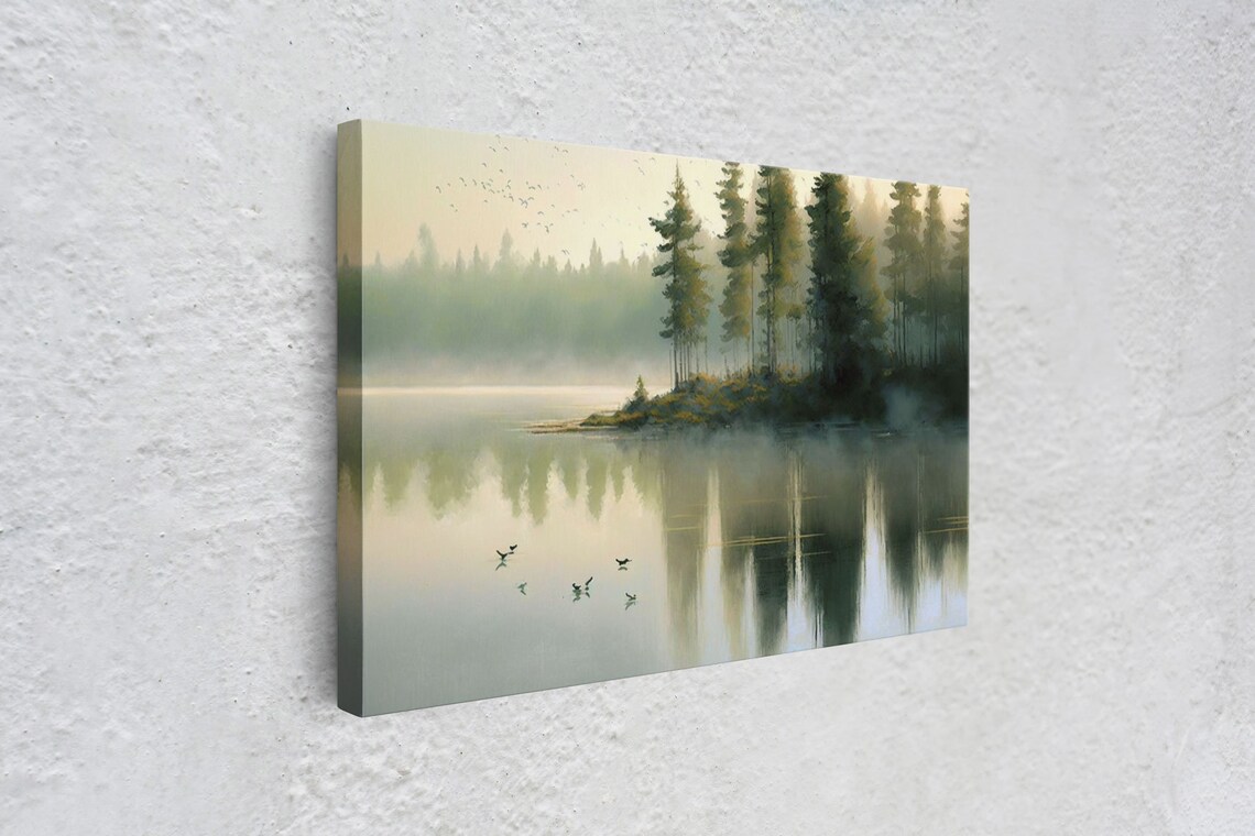 Misty Morning Lake Pine Trees Foggy Water Reflections Birds Art Poster - Image 4
