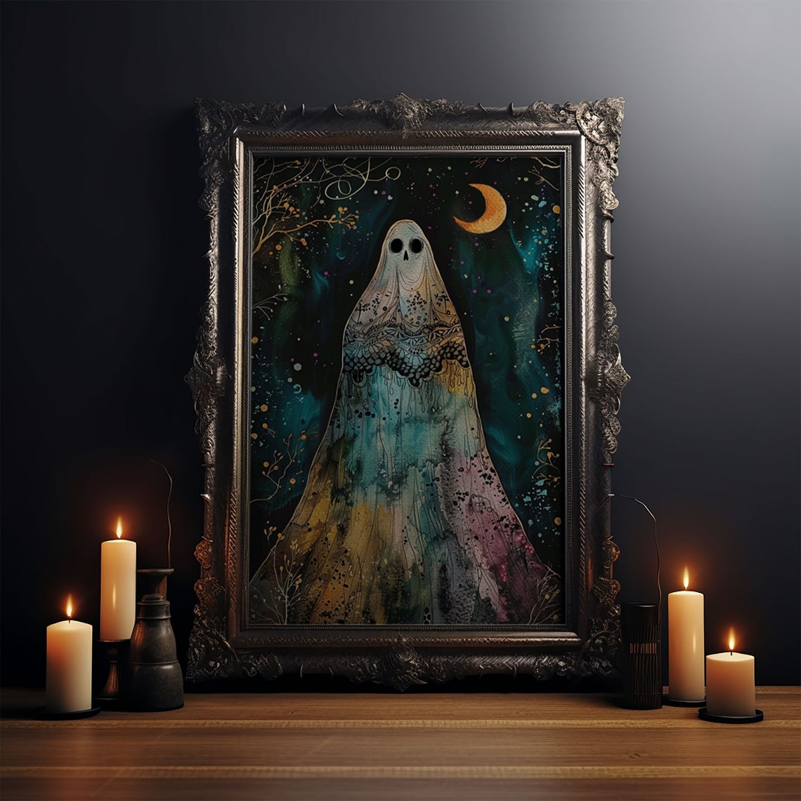 Cottagecore Veiled Ghost Crescent Moon Starry Night Art Poster - Image 3