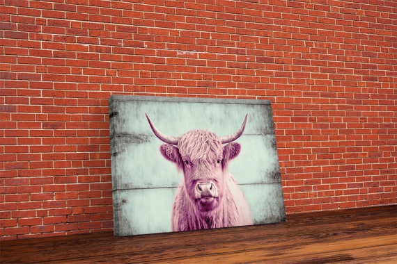 Pink And Turquoise Rustic Cattle Art Framed Print Framed Wall Art Primitive Rustic Minimalist Farmhouse Decor Highland Cattle Art