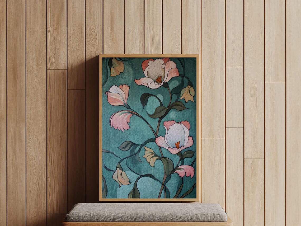 Pink Roses Teal Background Botanical Floral Elegant Wall Art Poster - Image 2