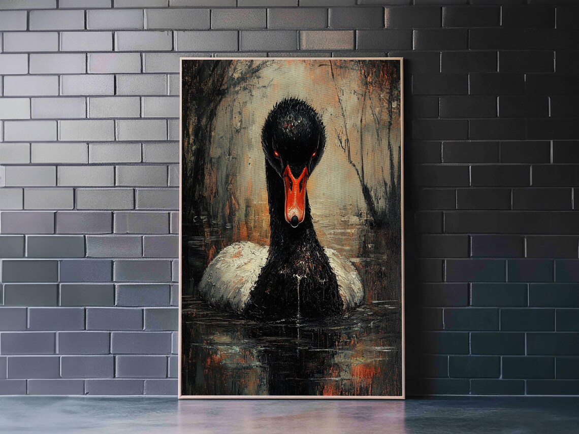 Dark Gothic Black Swan On Still Water Moody Oil Painting Poster - Image 6