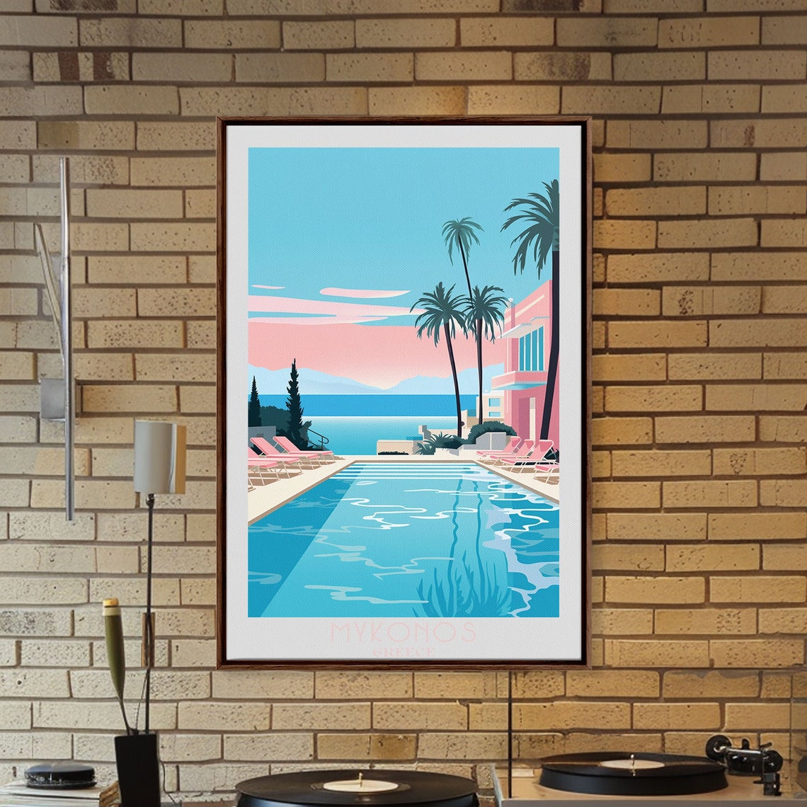 Mykonos Greece Poolside Palm Trees Pink Sunset Sea View Poster - Image 6