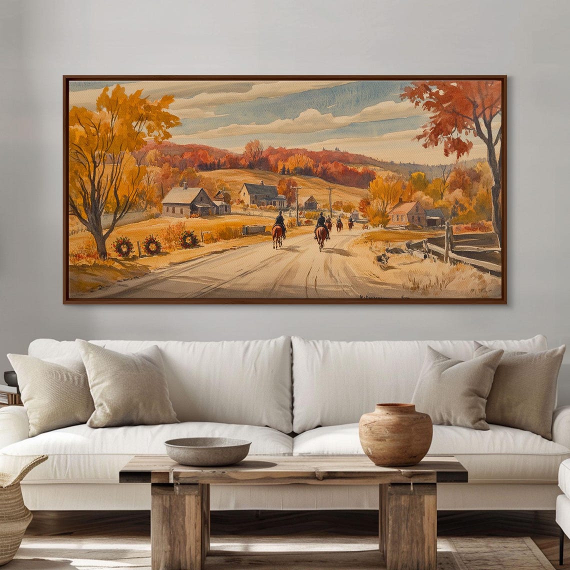 Horseback Riders Approaching Golden Autumn Farm Village Art Print