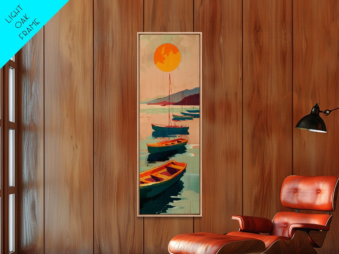 Rowboats And Golden Sun On Calm Water Skinny Art Wood Block Print Japanese Style Art Framed Print Tall Art Ukiyo E Art
