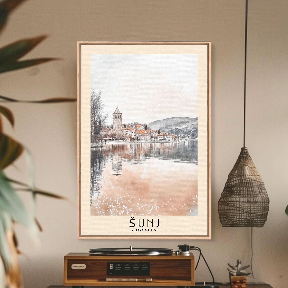 Sunj Croatia Old Town Church Tower Lake Reflection Watercolor Poster - Image 3