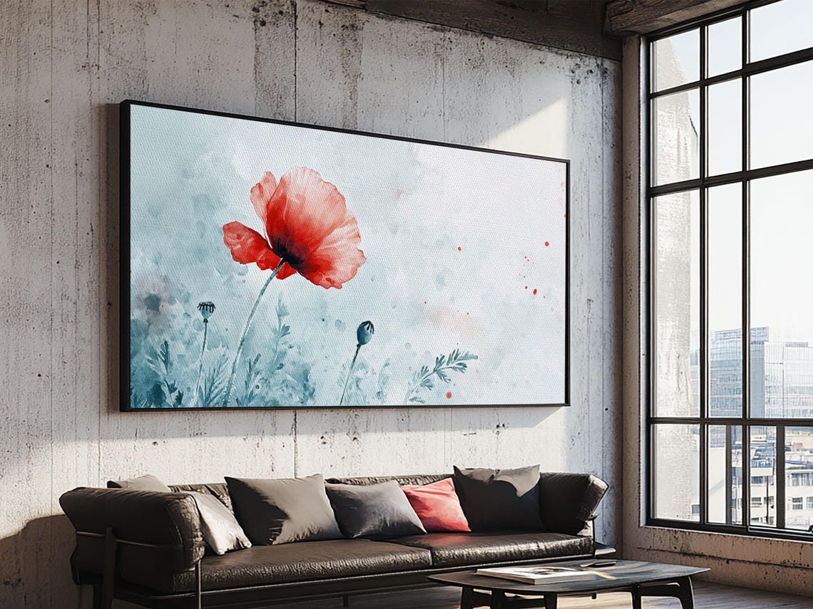 Single Red Poppy Watercolor Minimalist Floral Botanical Wall Poster - Image 2