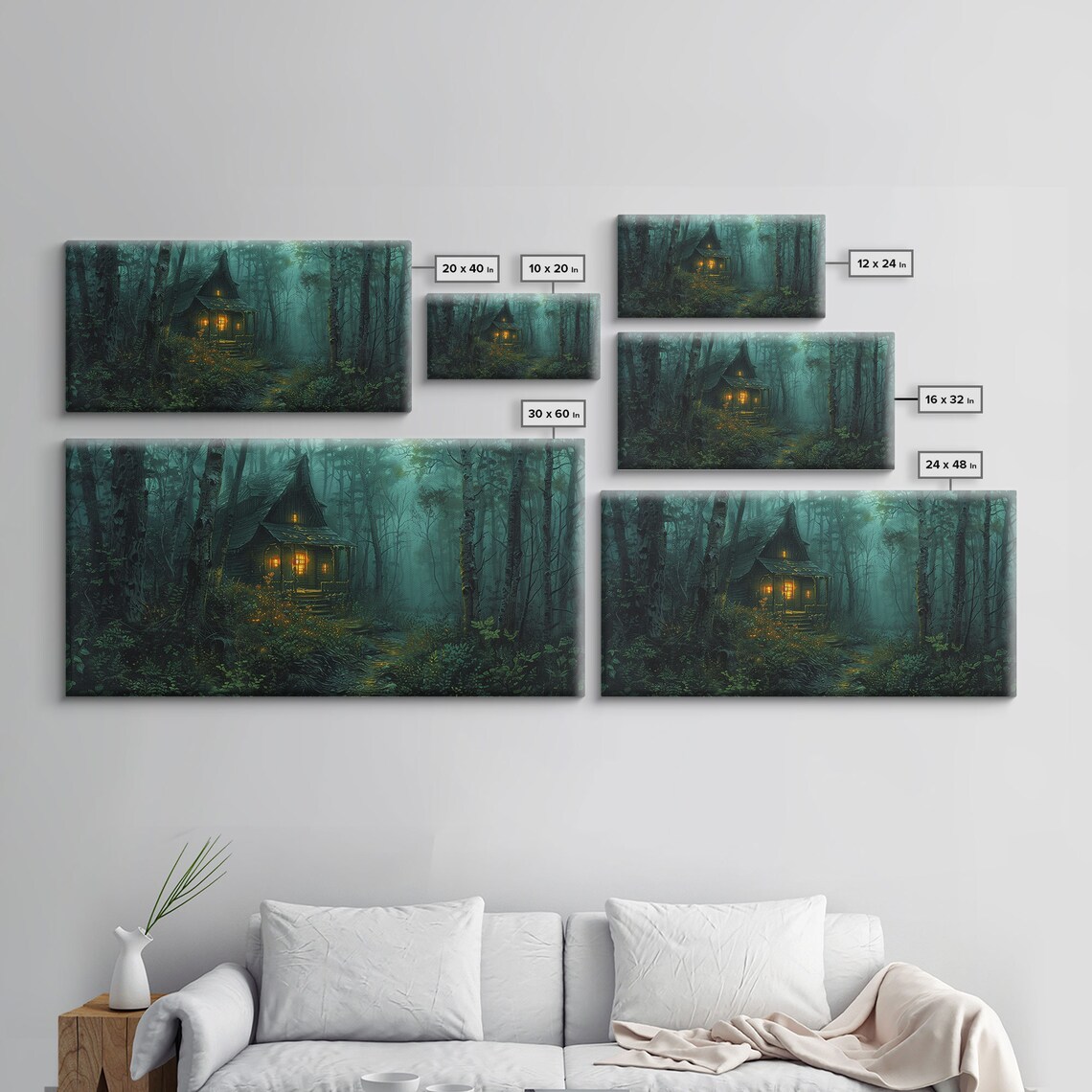 Haunted Cabin Misty Teal Forest Glowing Windows Night Spooky Halloween Print - Image 2