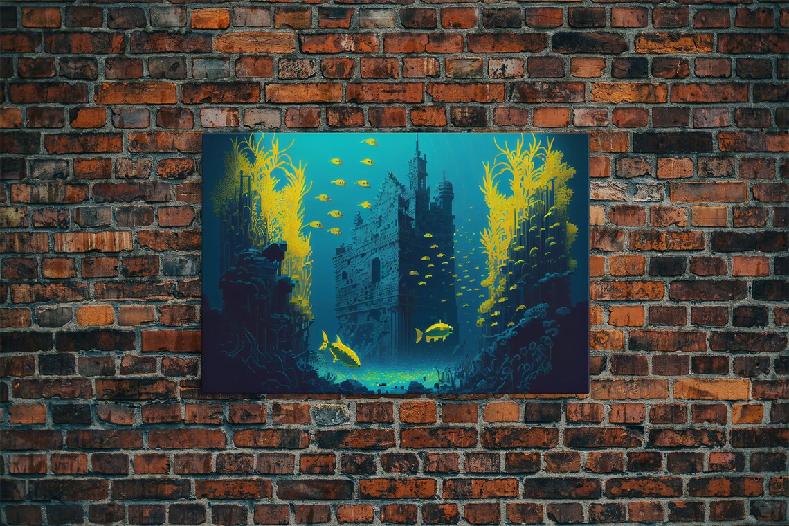 Underwater Castle 8-Bit Pixel Art, Video Game Room Art Print