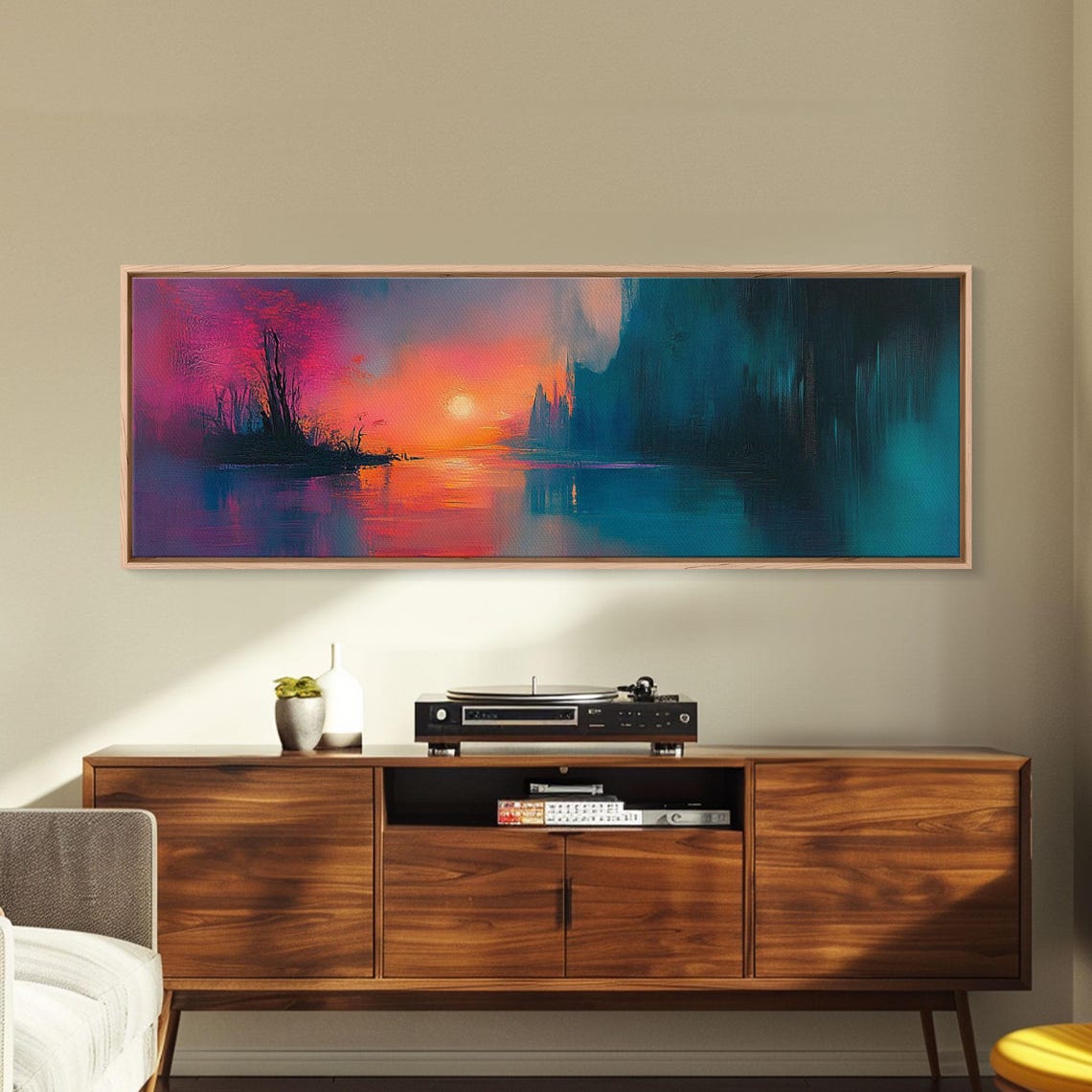 Moody Sunset Over Dark Swamp Water Pink Teal Panoramic Poster