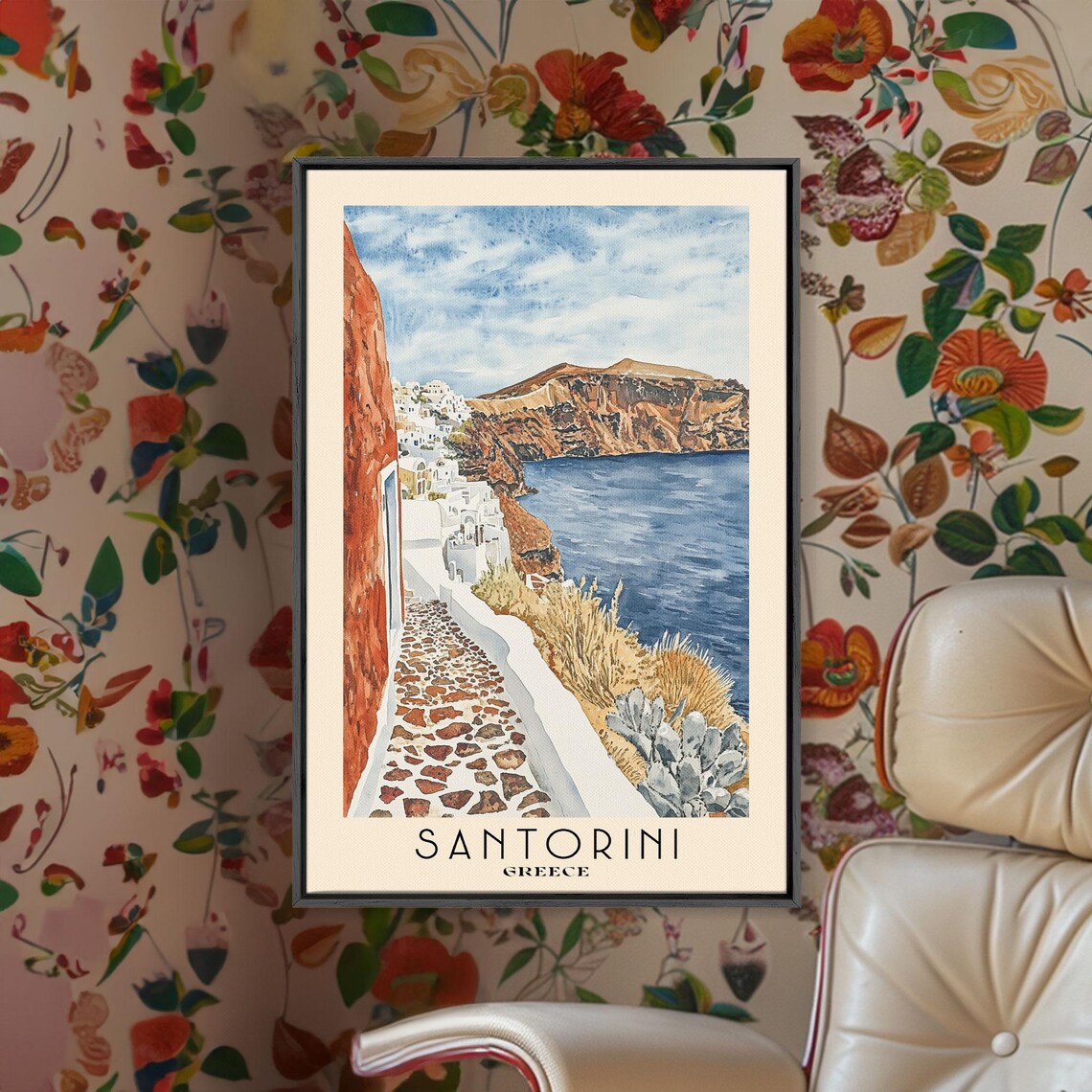 Santorini Greece White Alley Caldera Sea View Red Cliffs Poster