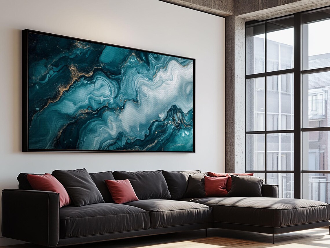 Teal Marble Fluid Abstract Gold Vein Coastal Moody Living Room Wall Art Print - Image 6