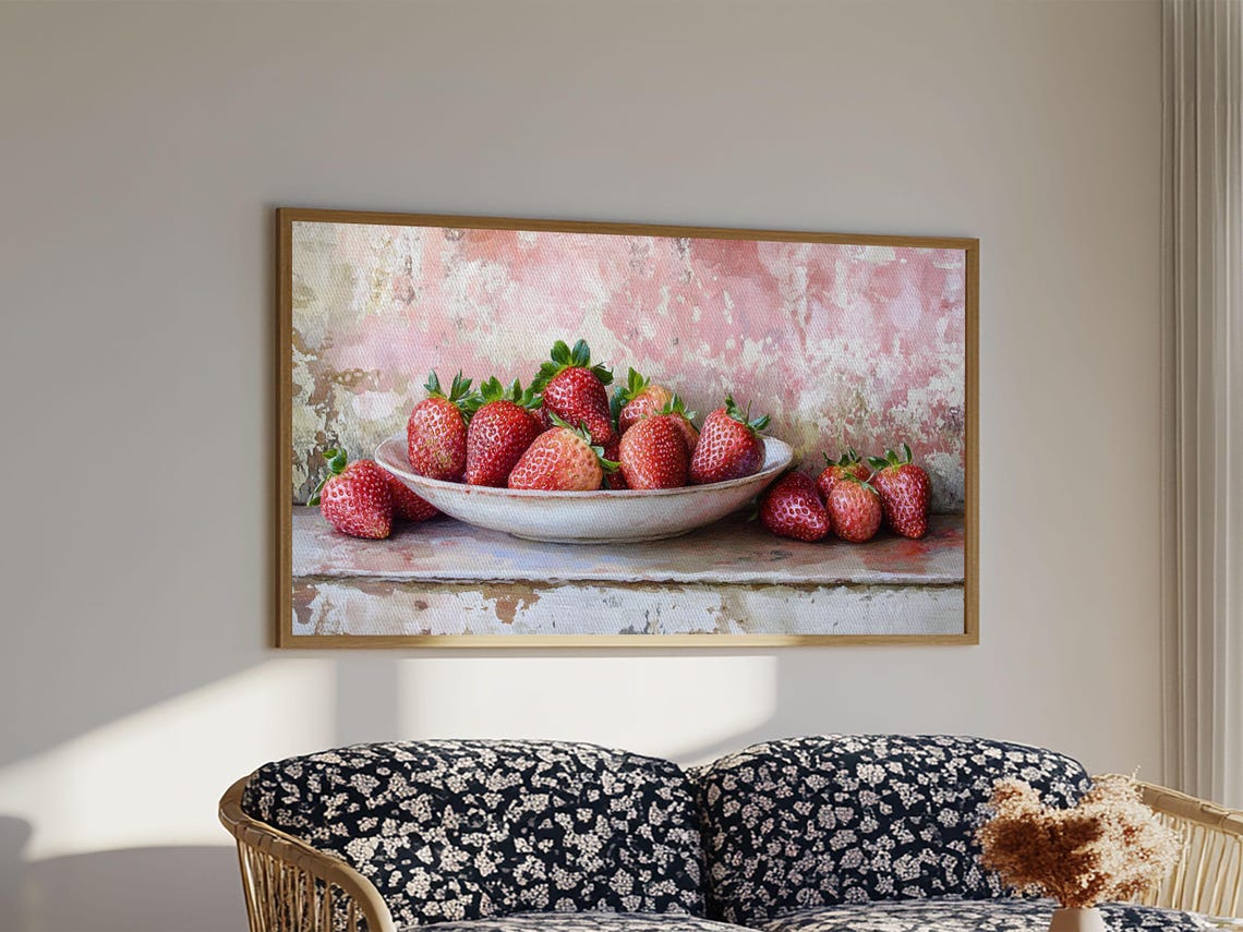 Fresh Strawberries In Bowl Rustic Pink Watercolor Kitchen Art Poster - Image 5