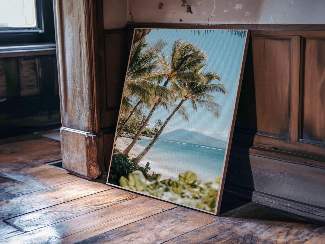 Tropical Palm Beach Turquoise Ocean Hawaii Watercolor Travel Poster - Image 6