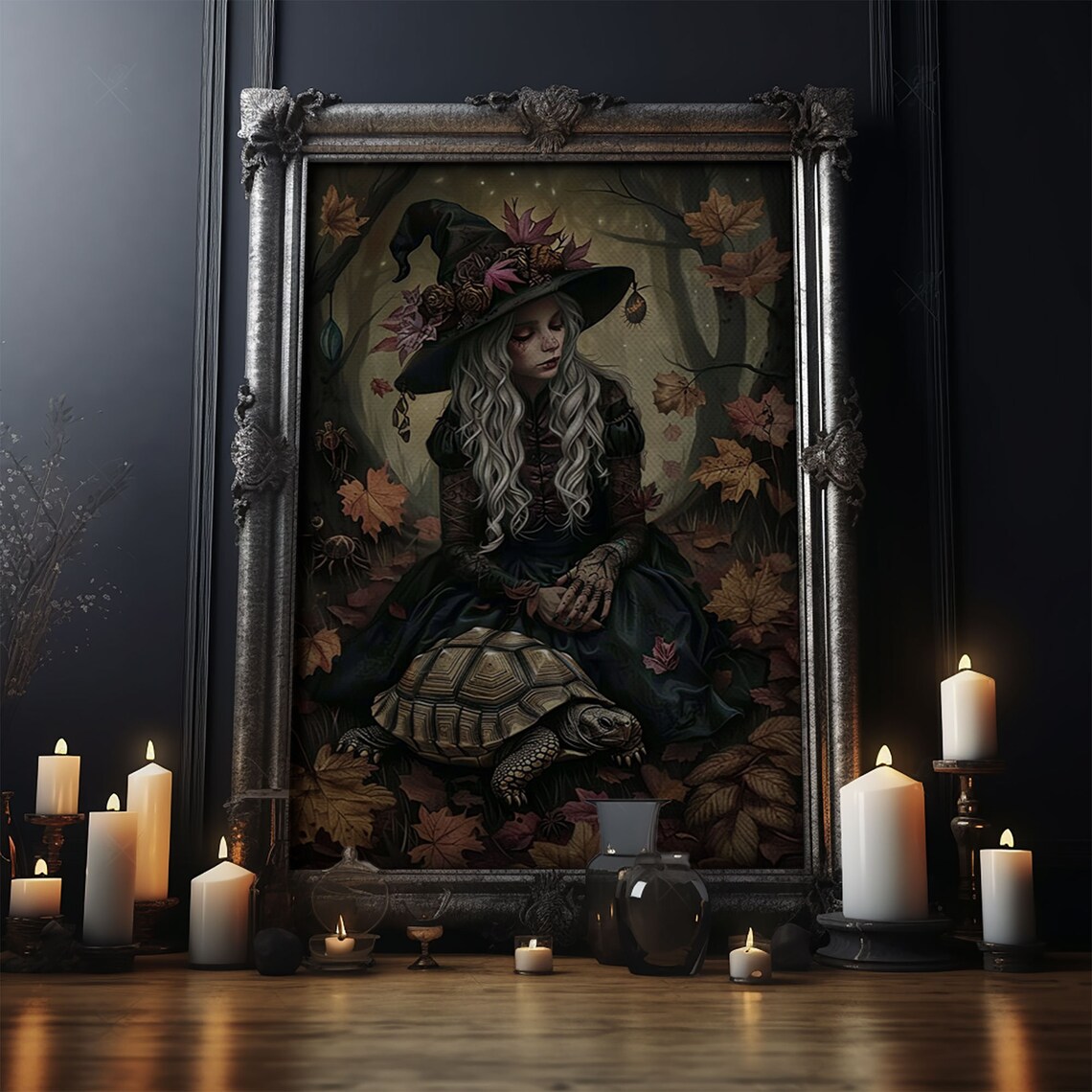 Mystical Witch With Tortoise In Autumn Leaves Enchanted Art Poster - Image 5
