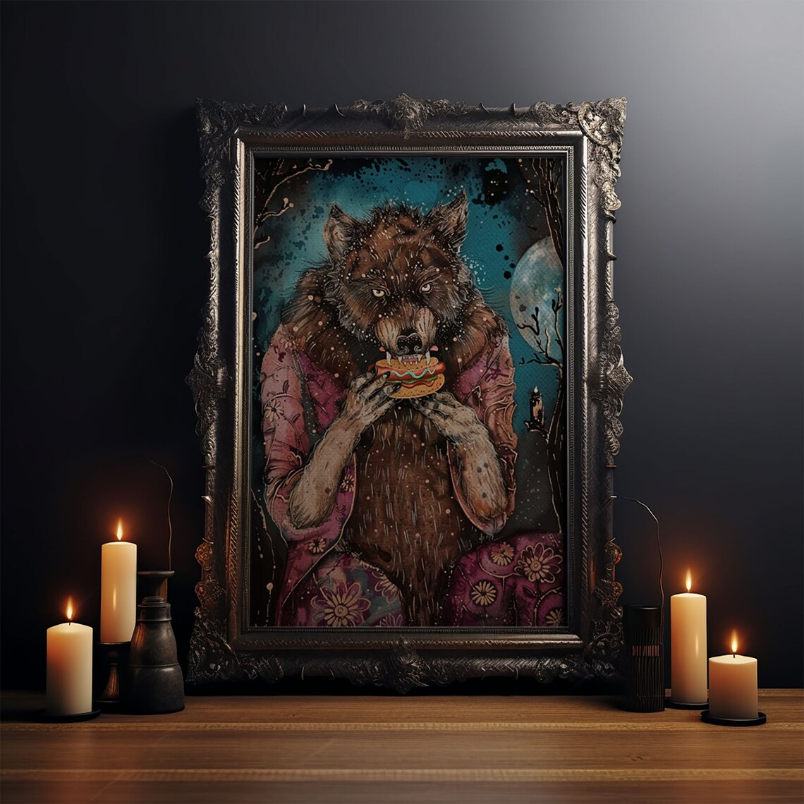 Werewolf Eating Hotdog Pink Dress Moonlit Funny Halloween Art Poster - Image 3
